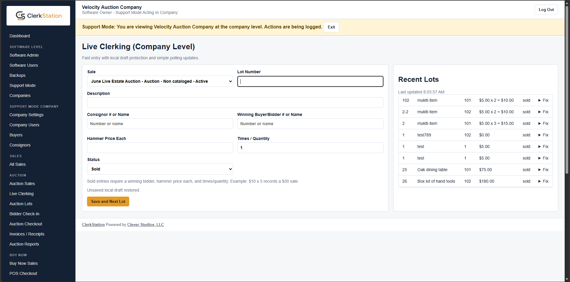 ClerkStation live clerking software screen showing recent auction lots and sale entry fields